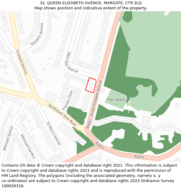 32, QUEEN ELIZABETH AVENUE, MARGATE, CT9 3LQ: Location map and indicative extent of plot