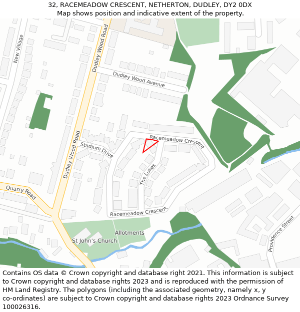 32, RACEMEADOW CRESCENT, NETHERTON, DUDLEY, DY2 0DX: Location map and indicative extent of plot