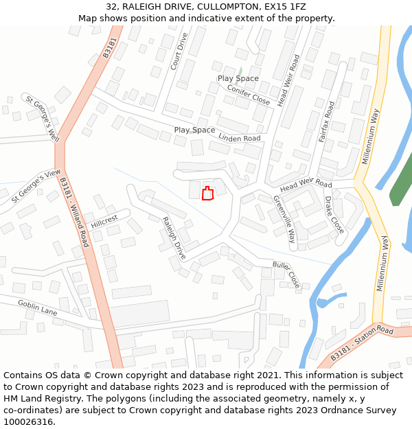 32, RALEIGH DRIVE, CULLOMPTON, EX15 1FZ: Location map and indicative extent of plot