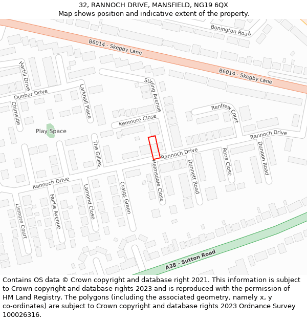 32, RANNOCH DRIVE, MANSFIELD, NG19 6QX: Location map and indicative extent of plot