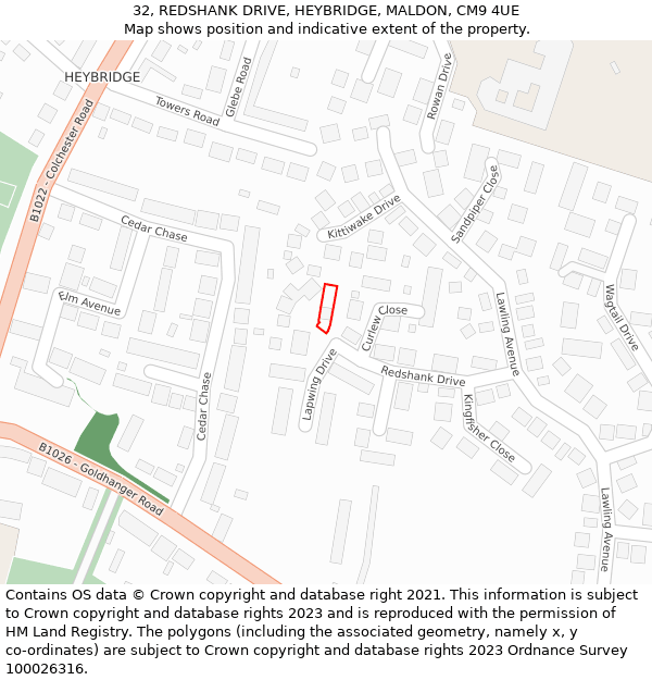 32, REDSHANK DRIVE, HEYBRIDGE, MALDON, CM9 4UE: Location map and indicative extent of plot