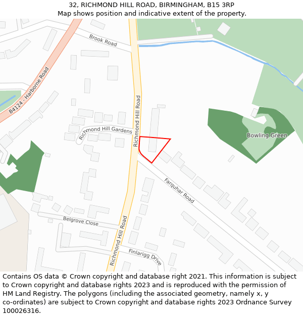 32, RICHMOND HILL ROAD, BIRMINGHAM, B15 3RP: Location map and indicative extent of plot