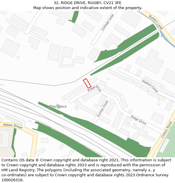 32, RIDGE DRIVE, RUGBY, CV21 3FE: Location map and indicative extent of plot