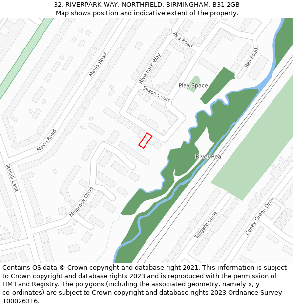32, RIVERPARK WAY, NORTHFIELD, BIRMINGHAM, B31 2GB: Location map and indicative extent of plot