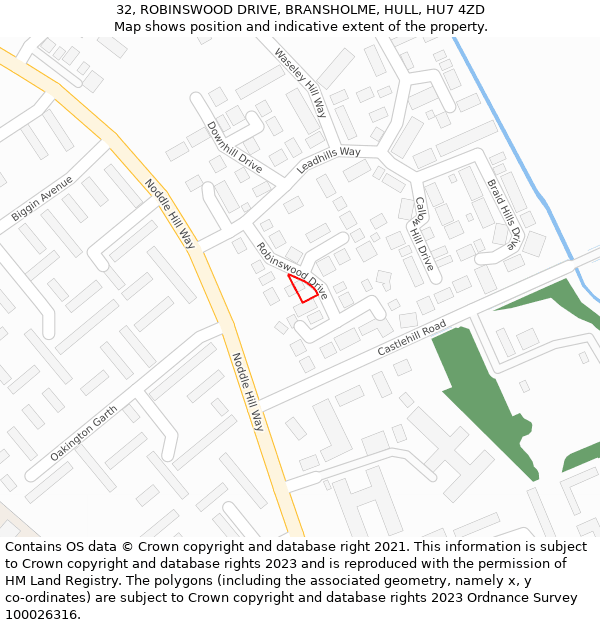 32, ROBINSWOOD DRIVE, BRANSHOLME, HULL, HU7 4ZD: Location map and indicative extent of plot