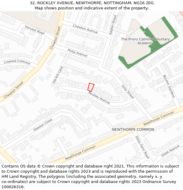 32, ROCKLEY AVENUE, NEWTHORPE, NOTTINGHAM, NG16 2EG: Location map and indicative extent of plot