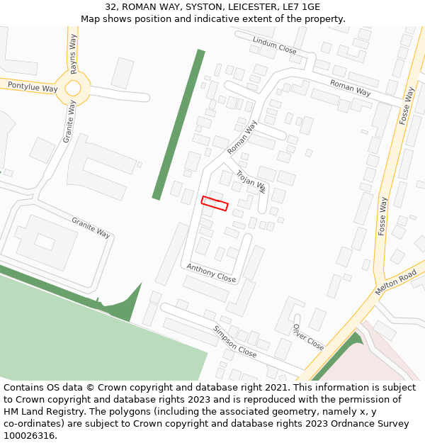 32, ROMAN WAY, SYSTON, LEICESTER, LE7 1GE: Location map and indicative extent of plot