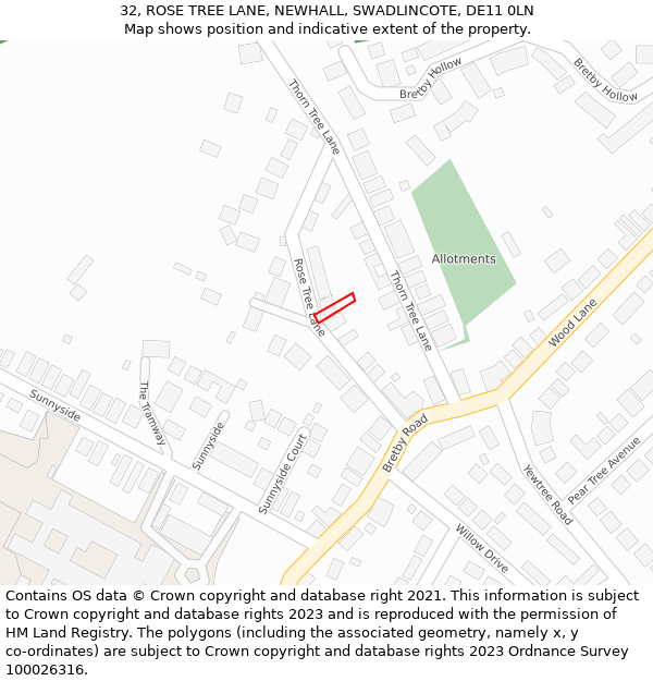 32, ROSE TREE LANE, NEWHALL, SWADLINCOTE, DE11 0LN: Location map and indicative extent of plot