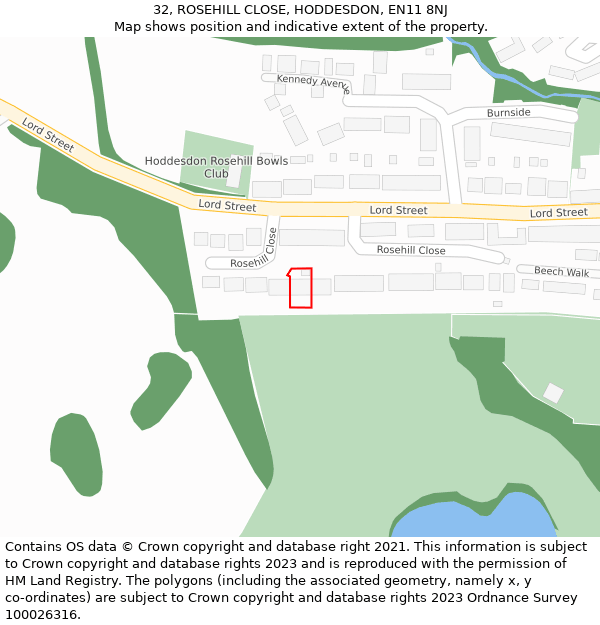 32, ROSEHILL CLOSE, HODDESDON, EN11 8NJ: Location map and indicative extent of plot