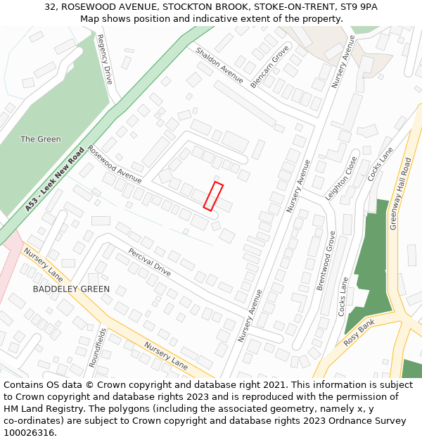 32, ROSEWOOD AVENUE, STOCKTON BROOK, STOKE-ON-TRENT, ST9 9PA: Location map and indicative extent of plot
