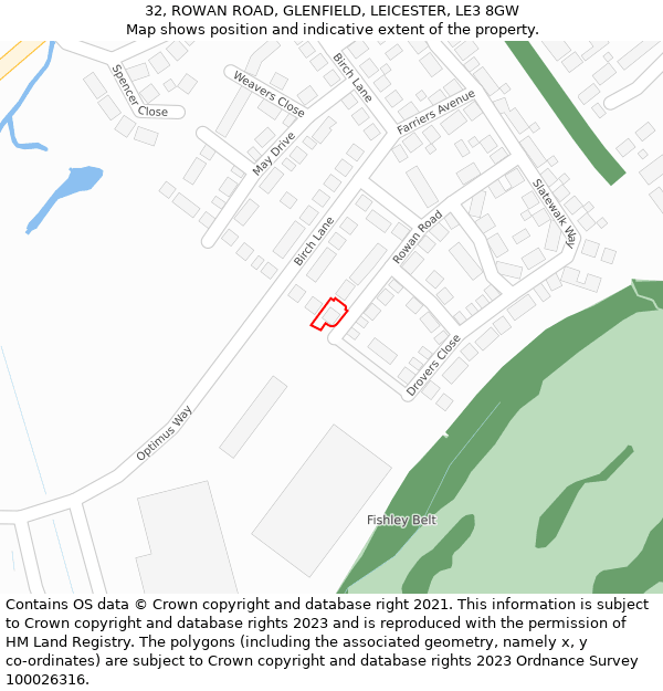 32, ROWAN ROAD, GLENFIELD, LEICESTER, LE3 8GW: Location map and indicative extent of plot
