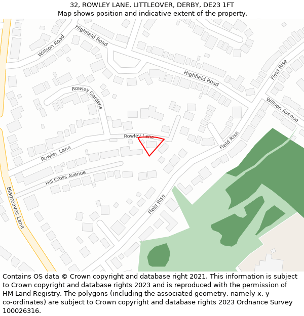 32, ROWLEY LANE, LITTLEOVER, DERBY, DE23 1FT: Location map and indicative extent of plot