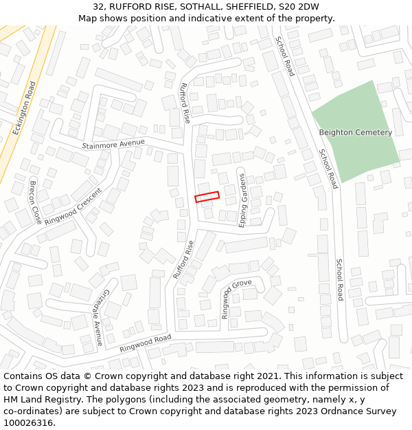 32, RUFFORD RISE, SOTHALL, SHEFFIELD, S20 2DW: Location map and indicative extent of plot