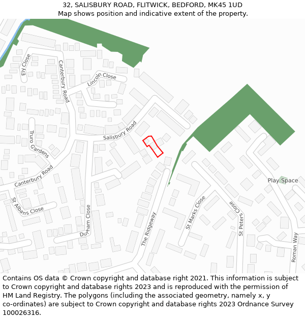 32, SALISBURY ROAD, FLITWICK, BEDFORD, MK45 1UD: Location map and indicative extent of plot