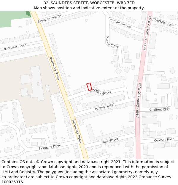 32, SAUNDERS STREET, WORCESTER, WR3 7ED: Location map and indicative extent of plot