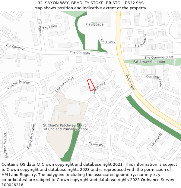 32, SAXON WAY, BRADLEY STOKE, BRISTOL, BS32 9AS: Location map and indicative extent of plot