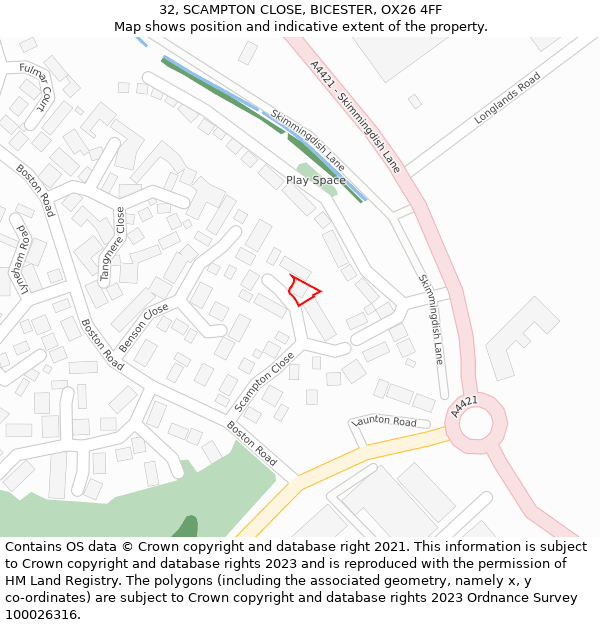 32, SCAMPTON CLOSE, BICESTER, OX26 4FF: Location map and indicative extent of plot