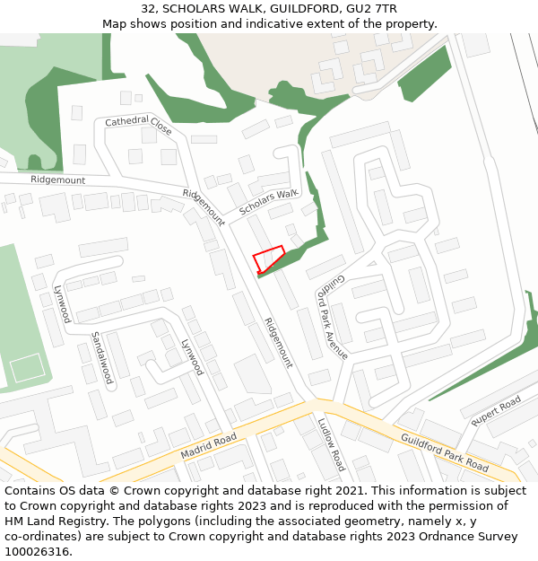 32, SCHOLARS WALK, GUILDFORD, GU2 7TR: Location map and indicative extent of plot