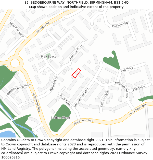 32, SEDGEBOURNE WAY, NORTHFIELD, BIRMINGHAM, B31 5HQ: Location map and indicative extent of plot