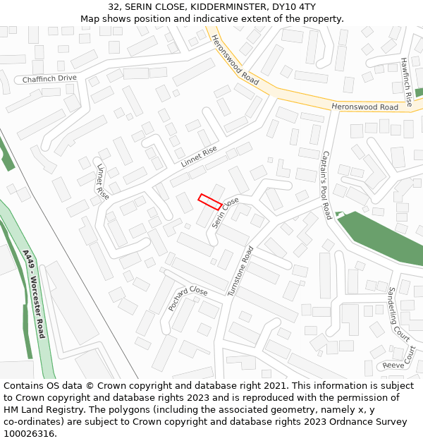 32, SERIN CLOSE, KIDDERMINSTER, DY10 4TY: Location map and indicative extent of plot