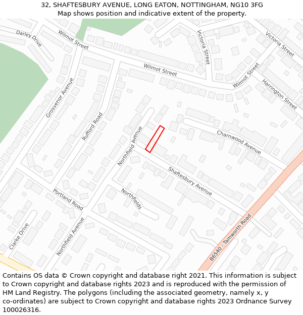 32, SHAFTESBURY AVENUE, LONG EATON, NOTTINGHAM, NG10 3FG: Location map and indicative extent of plot