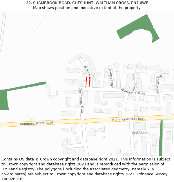 32, SHAMBROOK ROAD, CHESHUNT, WALTHAM CROSS, EN7 6WB: Location map and indicative extent of plot