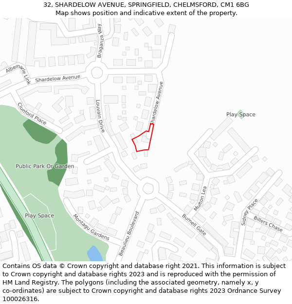 32, SHARDELOW AVENUE, SPRINGFIELD, CHELMSFORD, CM1 6BG: Location map and indicative extent of plot