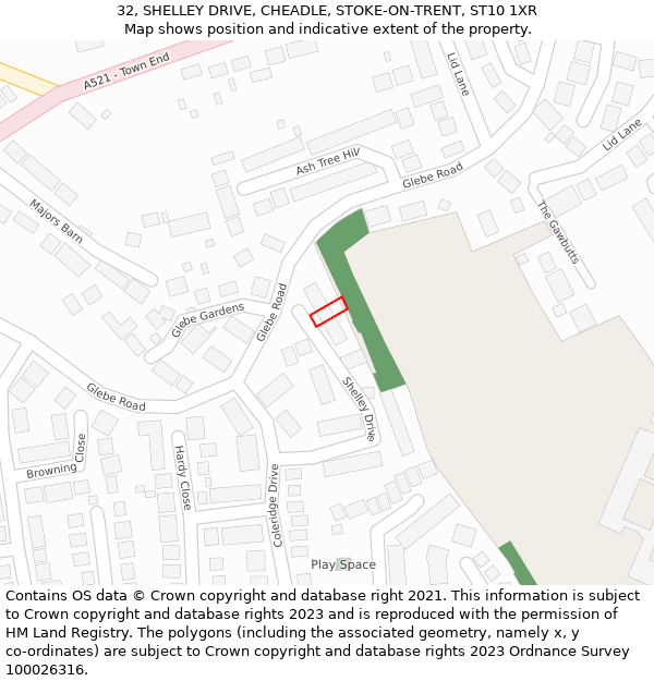 32, SHELLEY DRIVE, CHEADLE, STOKE-ON-TRENT, ST10 1XR: Location map and indicative extent of plot