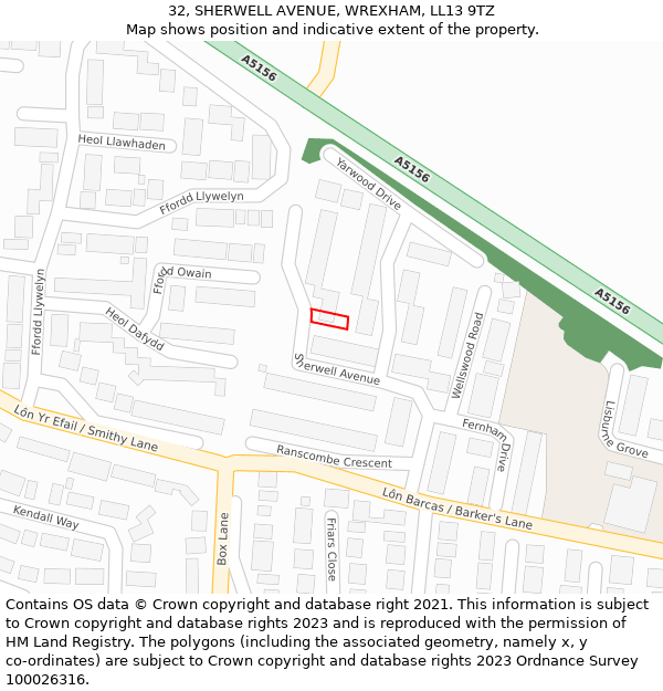 32, SHERWELL AVENUE, WREXHAM, LL13 9TZ: Location map and indicative extent of plot