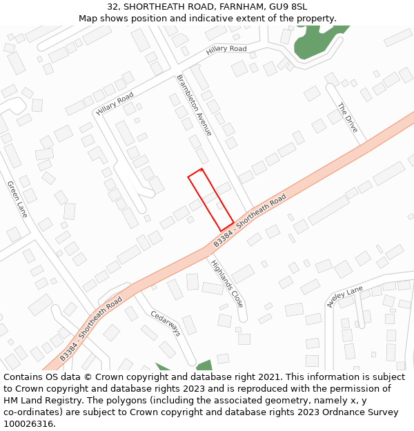 32, SHORTHEATH ROAD, FARNHAM, GU9 8SL: Location map and indicative extent of plot