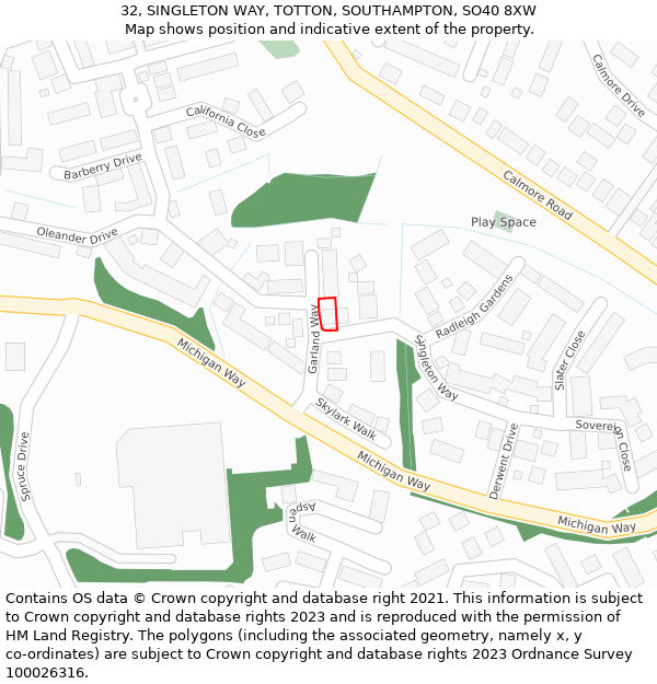 32, SINGLETON WAY, TOTTON, SOUTHAMPTON, SO40 8XW: Location map and indicative extent of plot