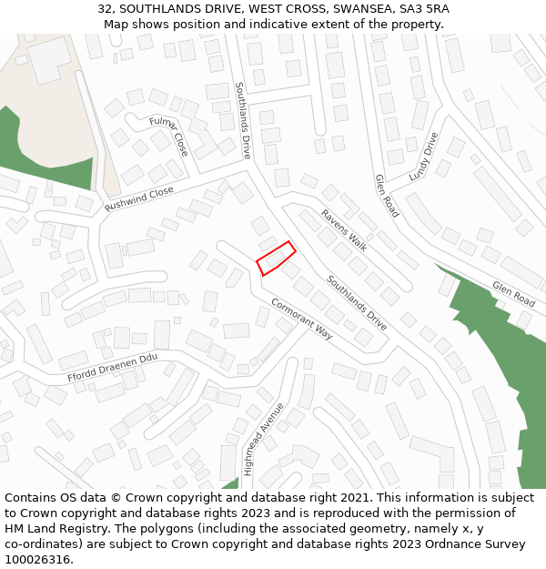 32, SOUTHLANDS DRIVE, WEST CROSS, SWANSEA, SA3 5RA: Location map and indicative extent of plot