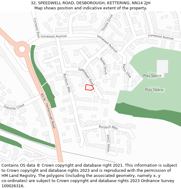 32, SPEEDWELL ROAD, DESBOROUGH, KETTERING, NN14 2JH: Location map and indicative extent of plot