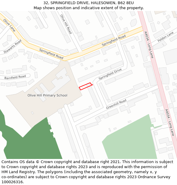 32, SPRINGFIELD DRIVE, HALESOWEN, B62 8EU: Location map and indicative extent of plot