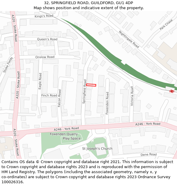 32, SPRINGFIELD ROAD, GUILDFORD, GU1 4DP: Location map and indicative extent of plot