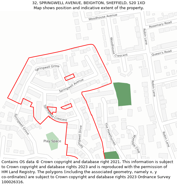 32, SPRINGWELL AVENUE, BEIGHTON, SHEFFIELD, S20 1XD: Location map and indicative extent of plot