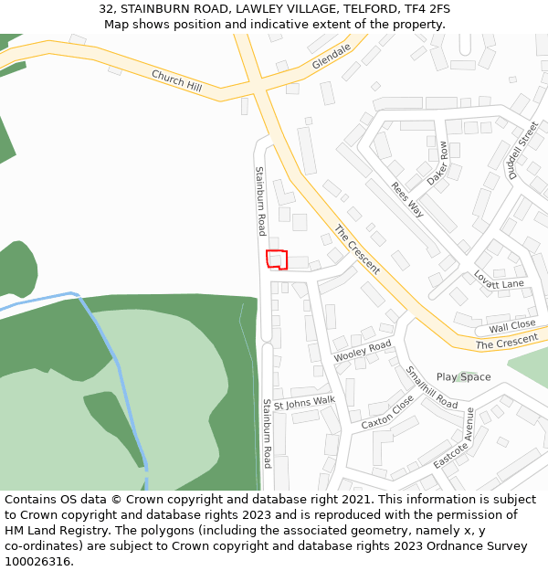 32, STAINBURN ROAD, LAWLEY VILLAGE, TELFORD, TF4 2FS: Location map and indicative extent of plot