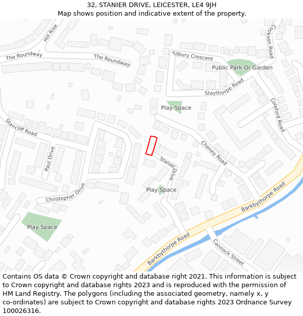 32, STANIER DRIVE, LEICESTER, LE4 9JH: Location map and indicative extent of plot