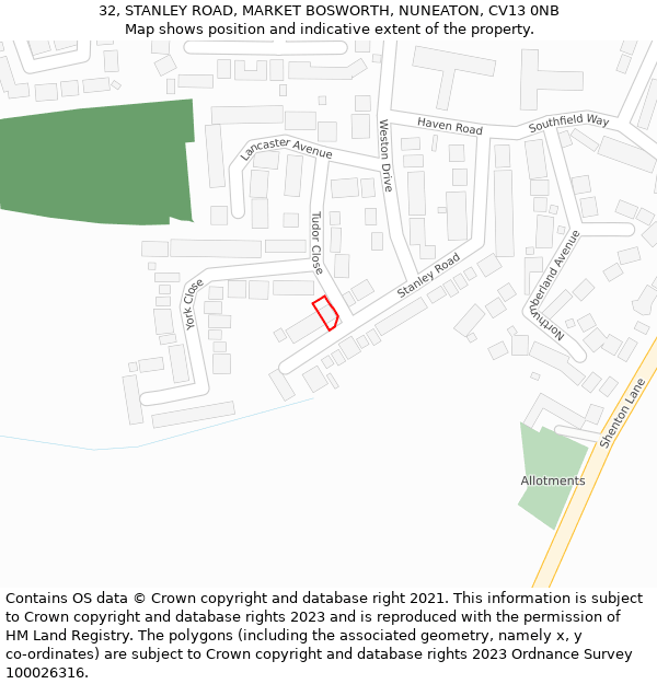 32, STANLEY ROAD, MARKET BOSWORTH, NUNEATON, CV13 0NB: Location map and indicative extent of plot