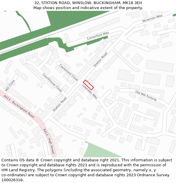 32, STATION ROAD, WINSLOW, BUCKINGHAM, MK18 3EH: Location map and indicative extent of plot