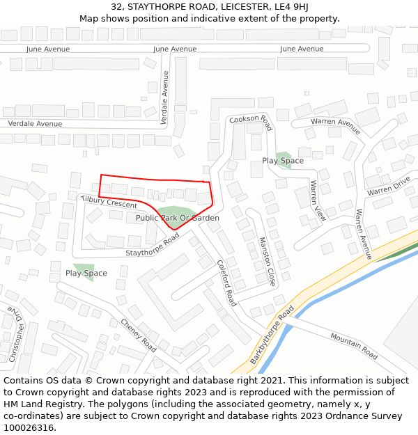 32, STAYTHORPE ROAD, LEICESTER, LE4 9HJ: Location map and indicative extent of plot