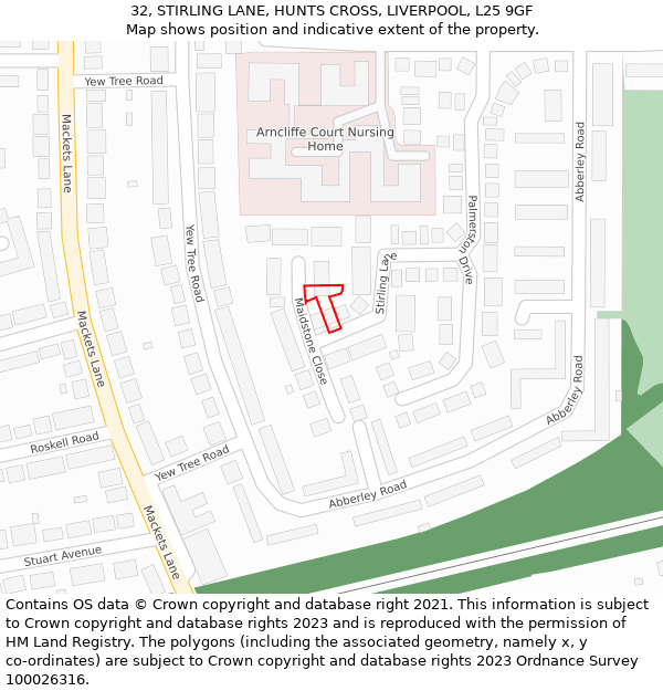 32, STIRLING LANE, HUNTS CROSS, LIVERPOOL, L25 9GF: Location map and indicative extent of plot