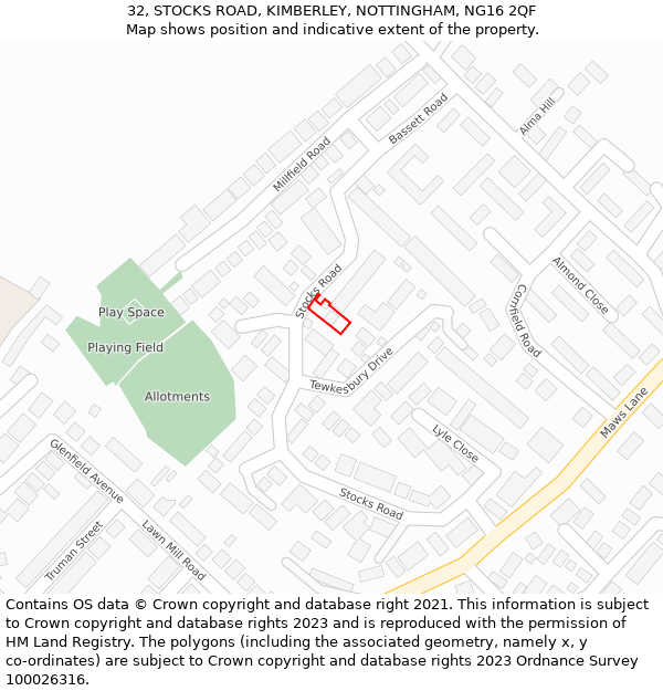 32, STOCKS ROAD, KIMBERLEY, NOTTINGHAM, NG16 2QF: Location map and indicative extent of plot