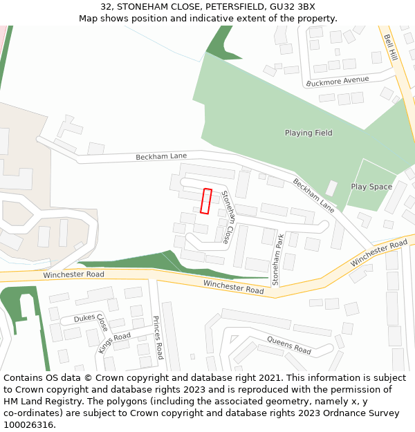 32, STONEHAM CLOSE, PETERSFIELD, GU32 3BX: Location map and indicative extent of plot