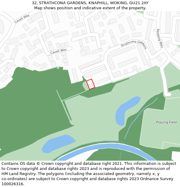 32, STRATHCONA GARDENS, KNAPHILL, WOKING, GU21 2AY: Location map and indicative extent of plot