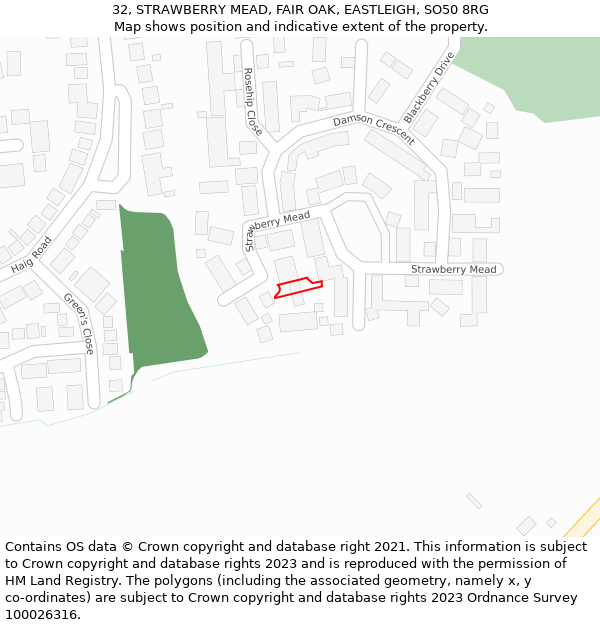 32, STRAWBERRY MEAD, FAIR OAK, EASTLEIGH, SO50 8RG: Location map and indicative extent of plot