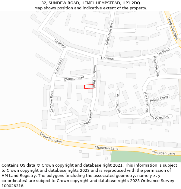 32, SUNDEW ROAD, HEMEL HEMPSTEAD, HP1 2DQ: Location map and indicative extent of plot