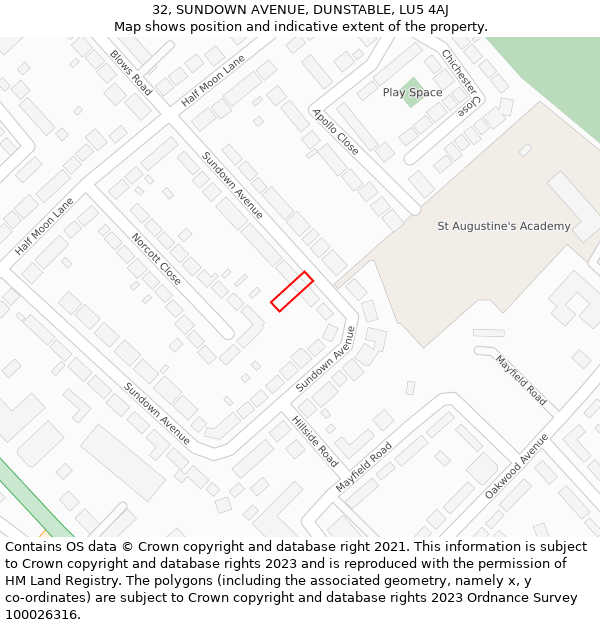 32, SUNDOWN AVENUE, DUNSTABLE, LU5 4AJ: Location map and indicative extent of plot