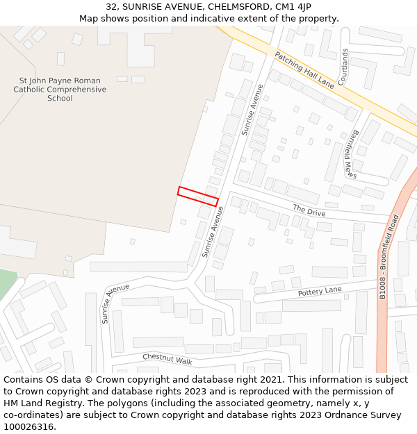 32, SUNRISE AVENUE, CHELMSFORD, CM1 4JP: Location map and indicative extent of plot