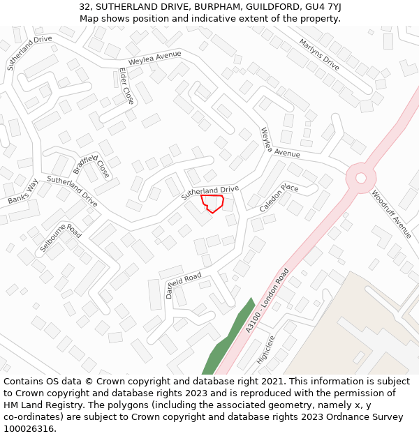 32, SUTHERLAND DRIVE, BURPHAM, GUILDFORD, GU4 7YJ: Location map and indicative extent of plot